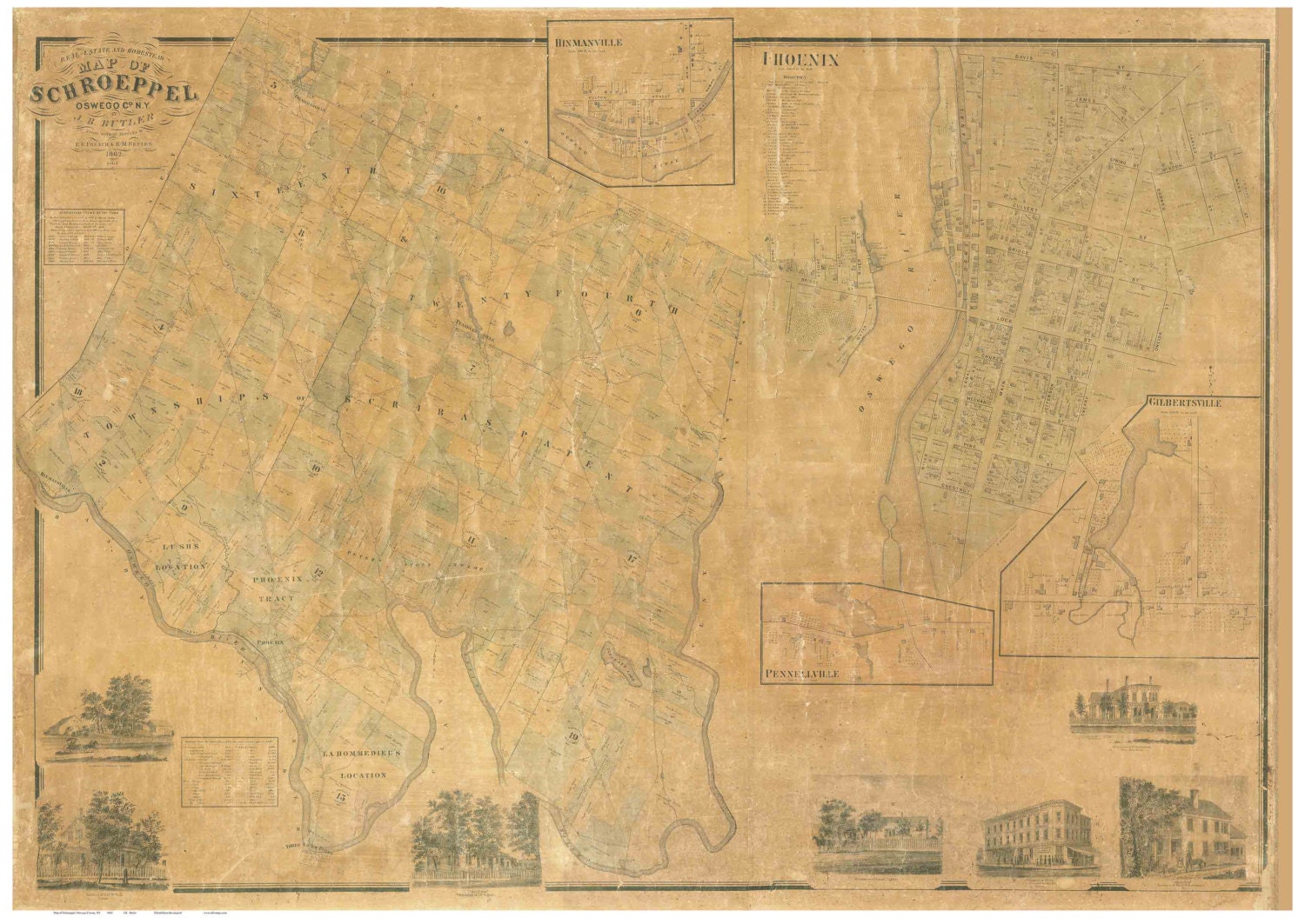Schroeppel - Phoenix - 1862 Town Wall Map- Oswego County New York -  Old Map Reprint with Homeowner Names - Genealogy