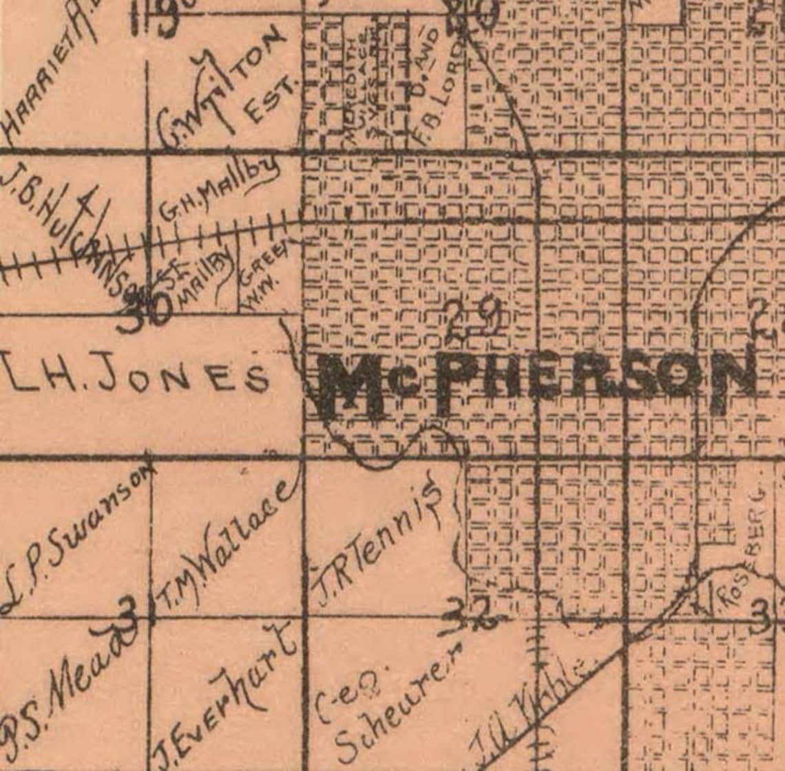 Mcpherson County Kansas 1898 Old Wall Map Reprint Etsy