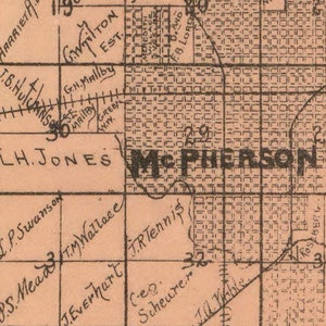 Mcpherson County Kansas 1898 Old Wall Map Reprint Landowner Names