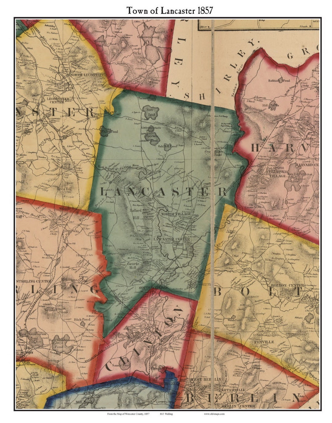 Lancaster 1857 Old Town Map With Homeowner Names Massachusetts Fort