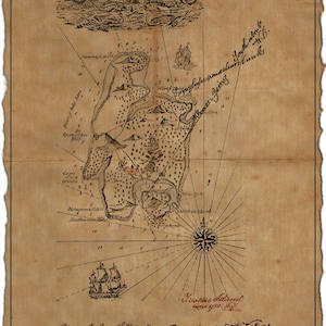 May include: Antique map of Treasure Island, featuring detailed illustrations of the island, compass rose, and sailing ships. The map includes handwritten text and is printed on aged paper, evoking a vintage aesthetic.