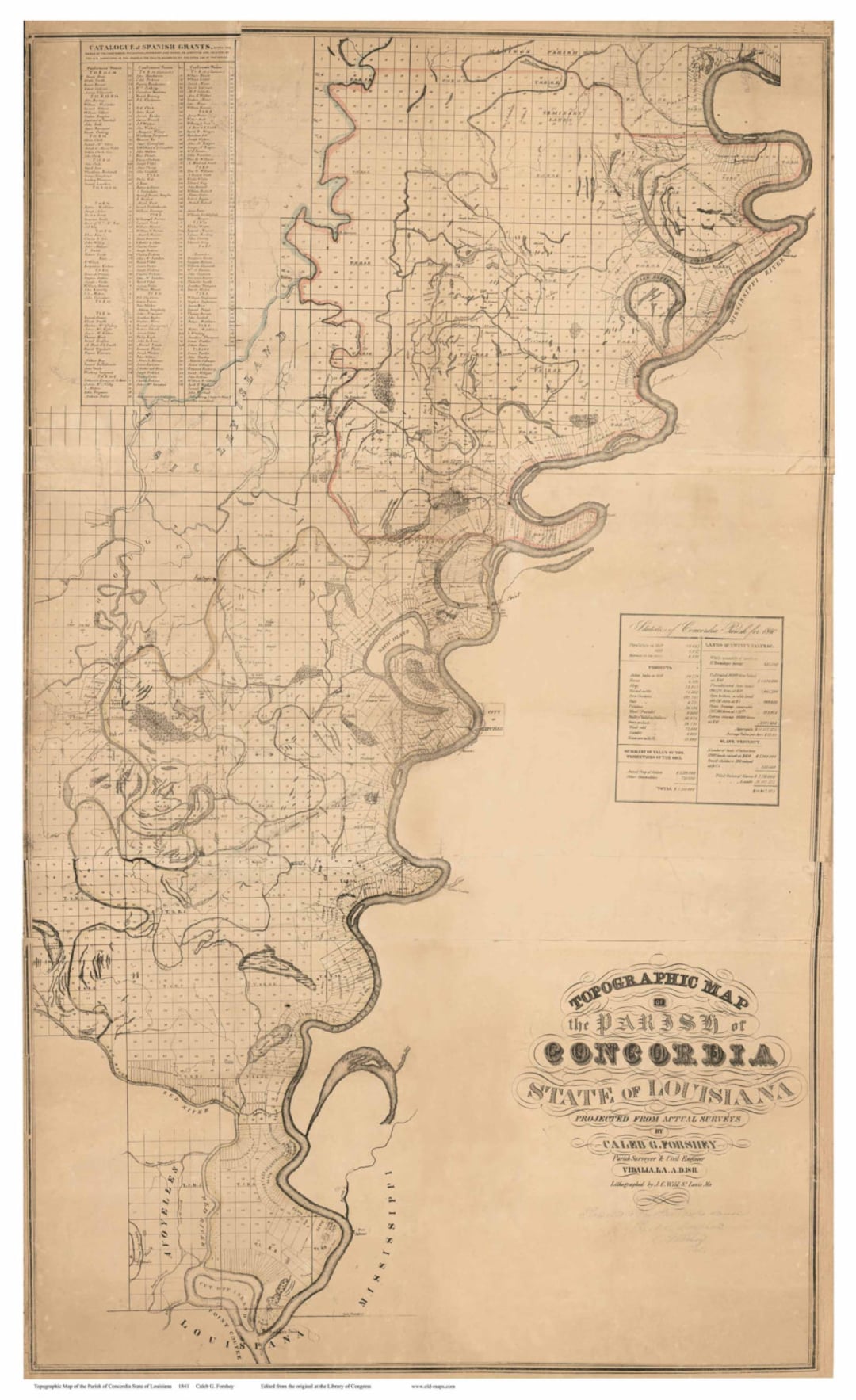 Concordia Parish Louisiana 1841 Old County Wall Map With Landowner