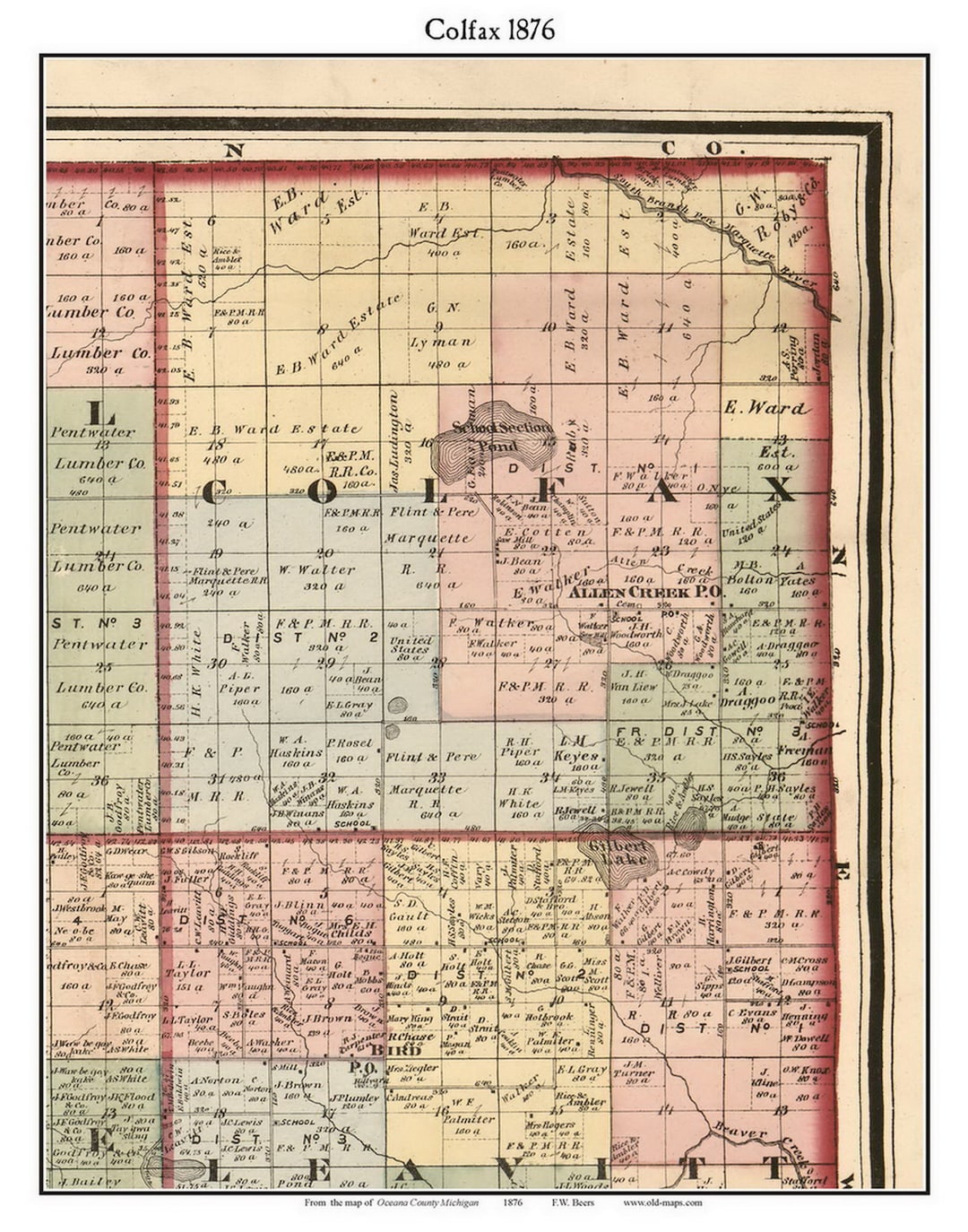 Colfax 1876 Old Town Map With Homeowner Names Michigan Etsy