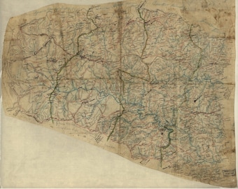 May include: A vintage map of Louisa County, Virginia, showing roads, rivers, and towns. The map is drawn in blue, green, and red ink on a beige paper background. The map is titled "Louisa County, Virginia, 1861."