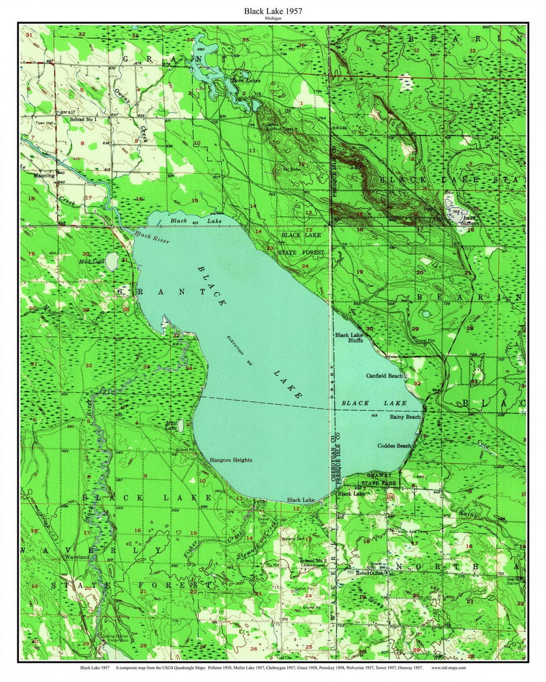 Black Lake 1957 Map Cheboygan and Presque Isle Counties Michigan Coddes
