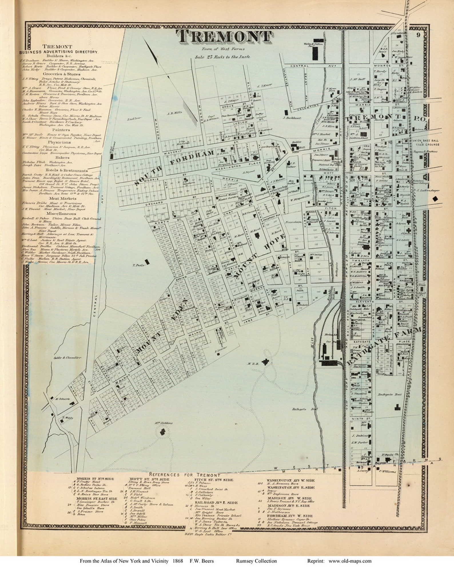 Tremont Village in West Farms 1868 Old Town Map Reprint Westchester Co