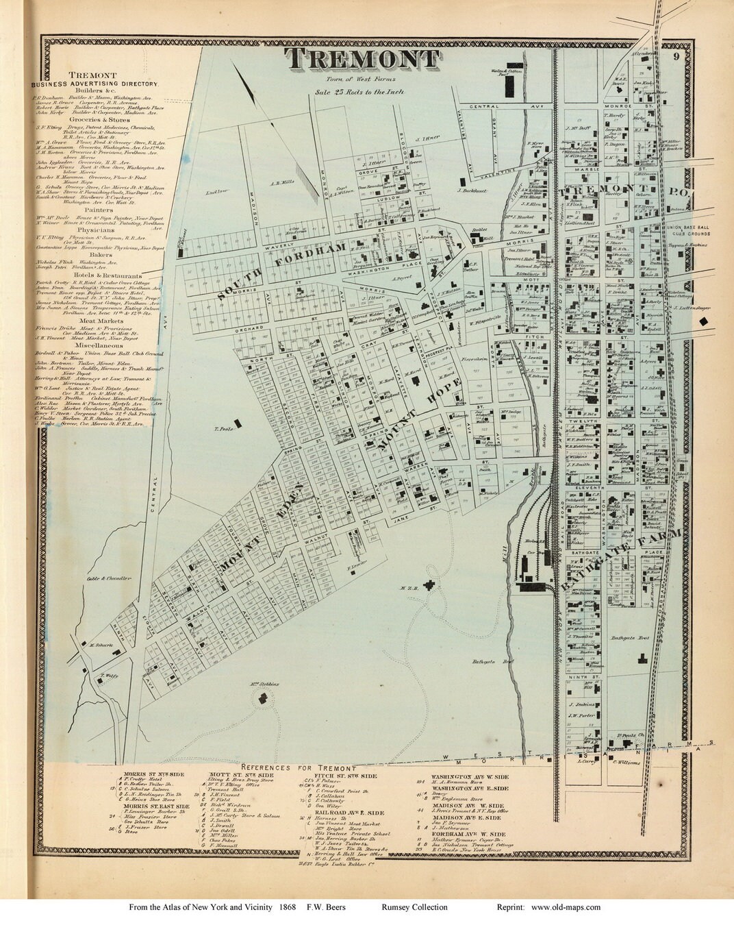 Tremont Village in West Farms 1868 Old Town Map Reprint Westchester Co