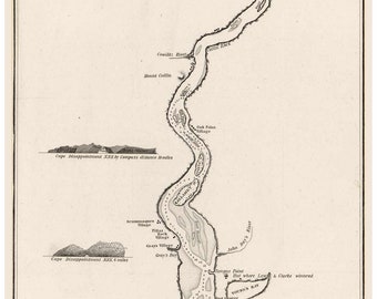 May include: A black and white map of the Columbia River, drawn by M.C. Ewing, Civil Engineer, in 1837. The map shows the river's course for 90 miles from its mouth, including various landmarks, villages, and points of interest. The map also includes a compass rose and a scale of miles.