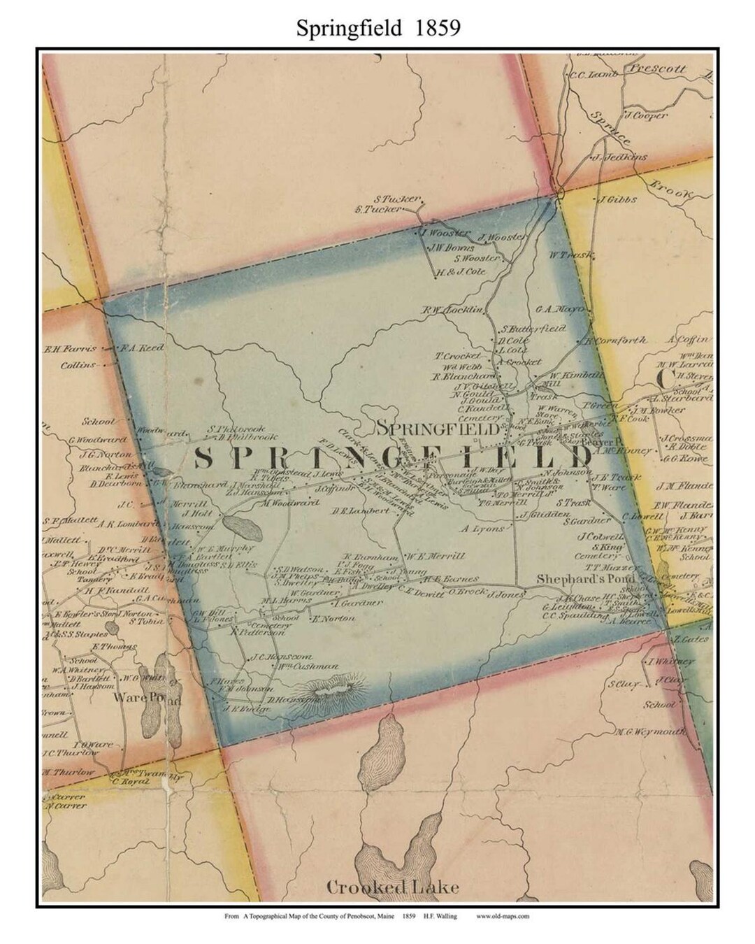 Springport 1853 Map Springfield 1859 Old Town Map With Homeowner Names Maine - Reprint ...