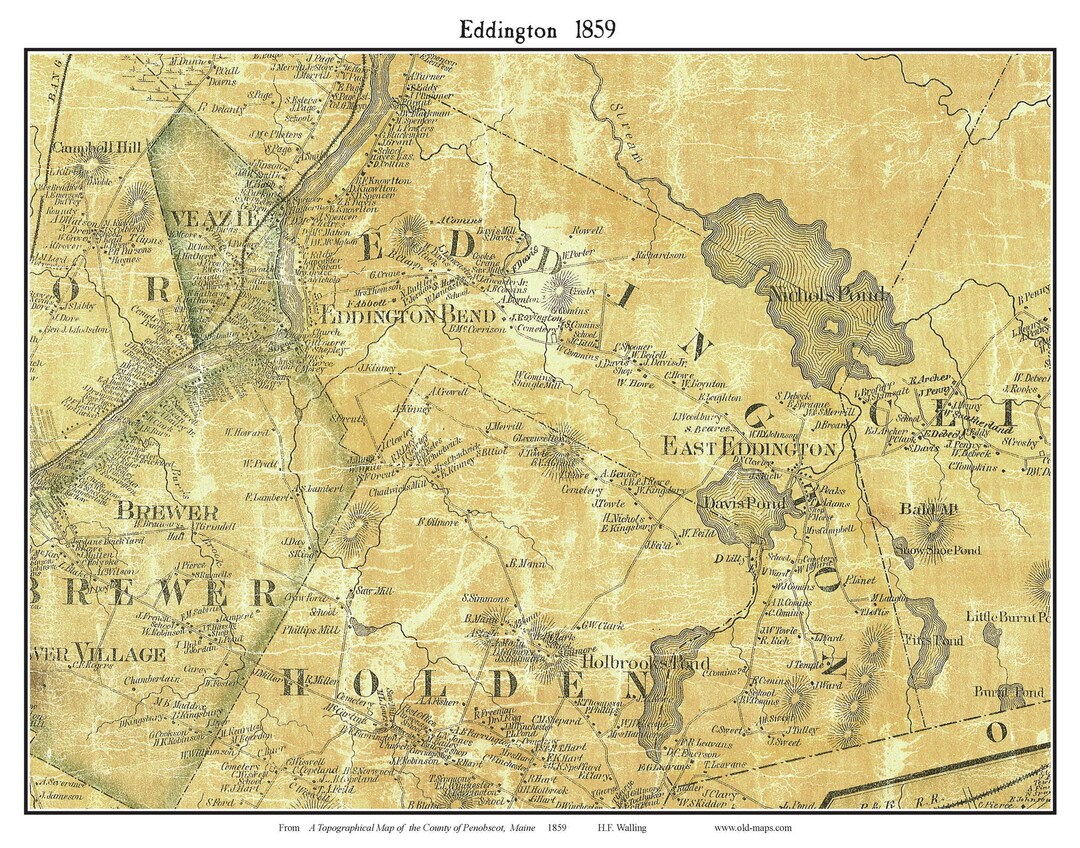 Eddington 1859 Old Town Map With Homeowner Names Maine Reprint