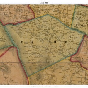 May include: An antique map of Cairo, Illinois from 1856. The map is hand-drawn and features a detailed layout of the city's streets, roads, and waterways. The map is colored in shades of brown, green, and red, and includes the names of various locations and landmarks.