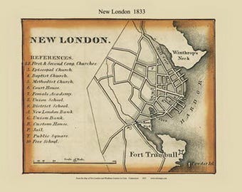 New London Village Connecticut 1833 Old Town Map - Reprint New London County CT TM