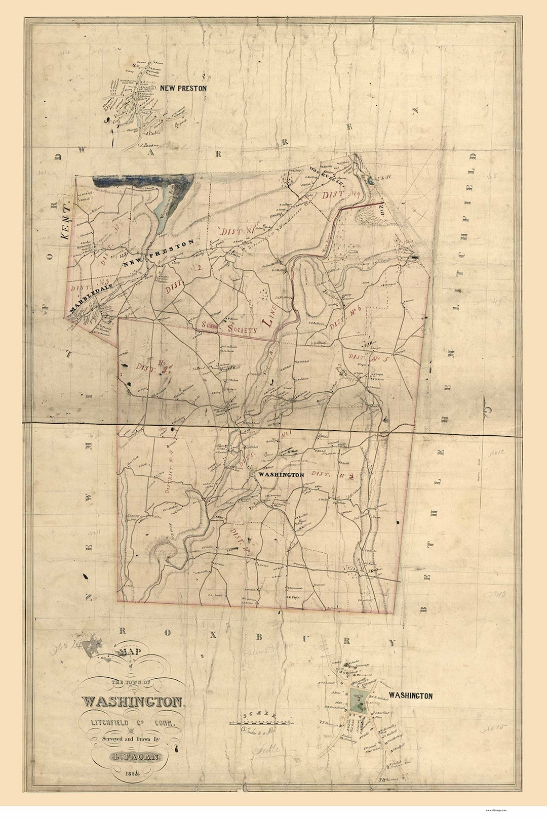 Washington Connecticut 1853 Old Map Reprint Homeowners Names CT Cities