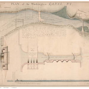 May include: A black and white plan of the Washington Canal No. 1, showing the canal's route and the location of a lock and bridge. The plan is dated 1828 and includes the text "PLAN of the Washington CANAL N° 1".