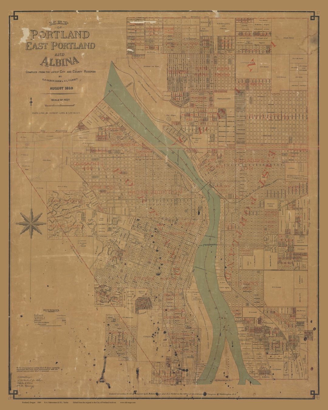 Portland Oregon 1889 Old Map Reprint Landowners Names OR picture