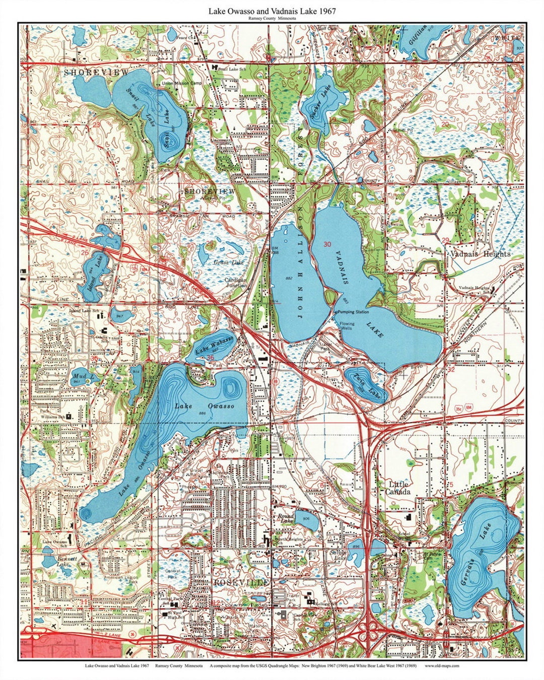 Lake Owasso 1967 Map Reprint Vadnais Lake Wabasso Snail Old Topographic USGS Custom Composite