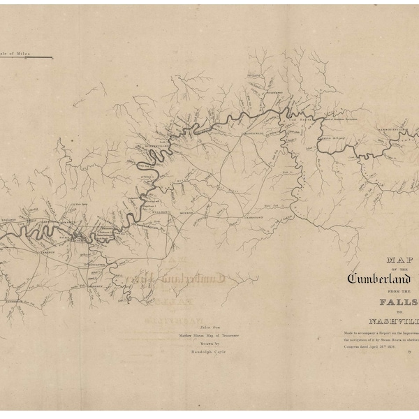 Cumberland River from the Falls to Nashville 1834 - Kentucky and Tennessee Old Map Nautical Chart Reprint 1843 Regional - Congress Coll-1