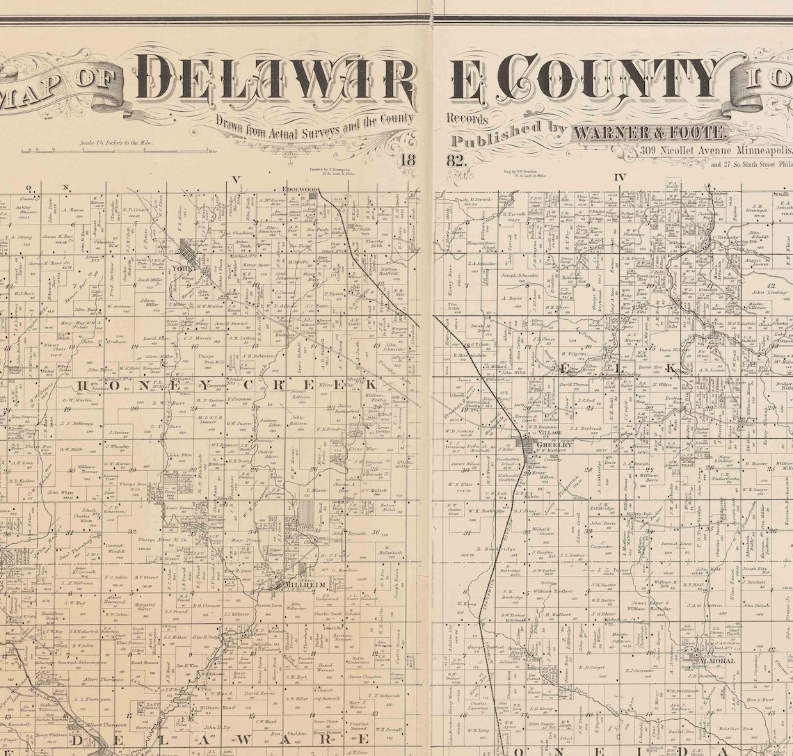 Delaware County Iowa 1882 Old Wall Map With Landowner Names Etsy