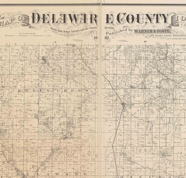 Delaware County Iowa 1882 Old Wall Map with Landowner Names Etsy
