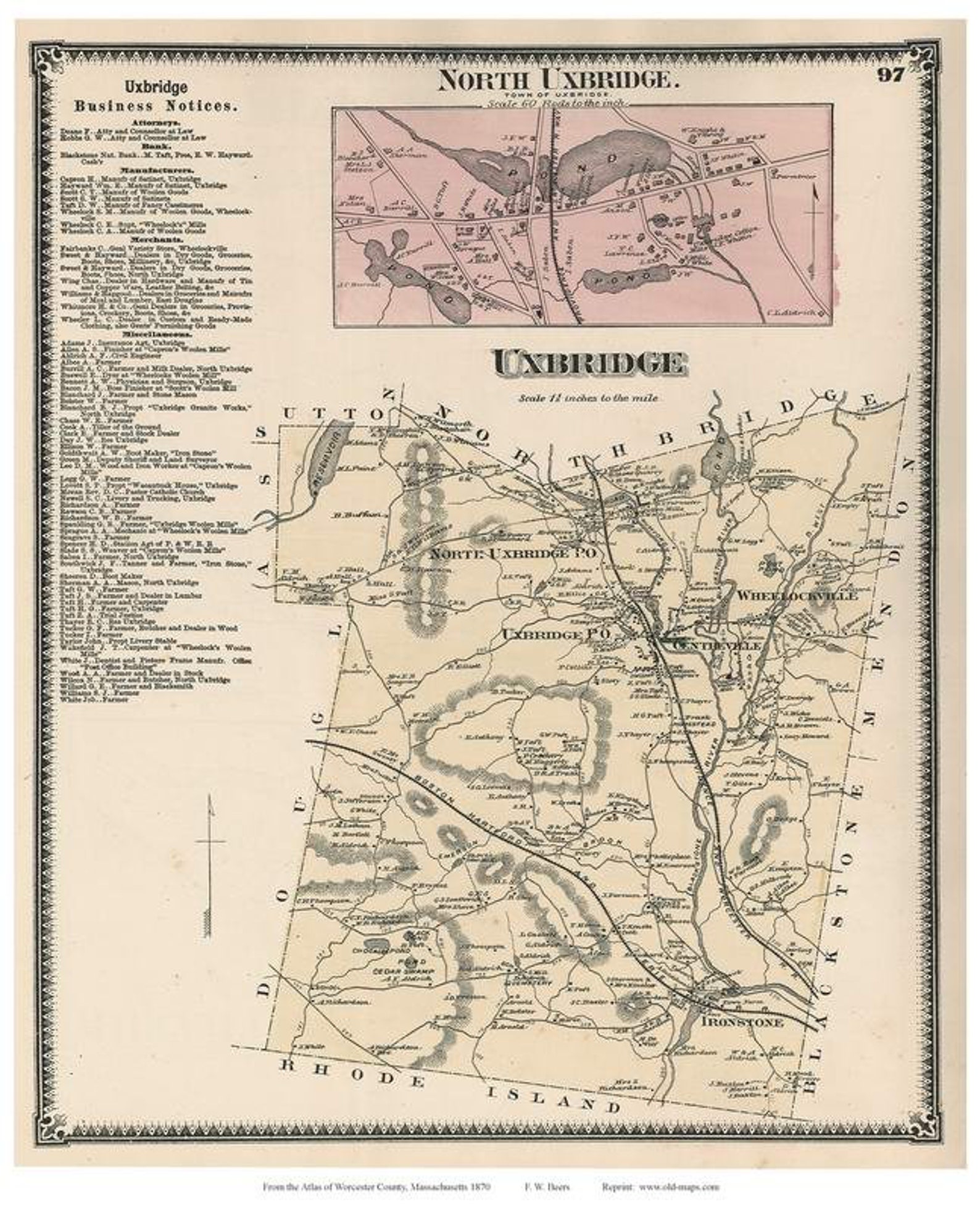 Uxbridge 1870 Old Town Map With Homeowner Names Massachusetts Reprint