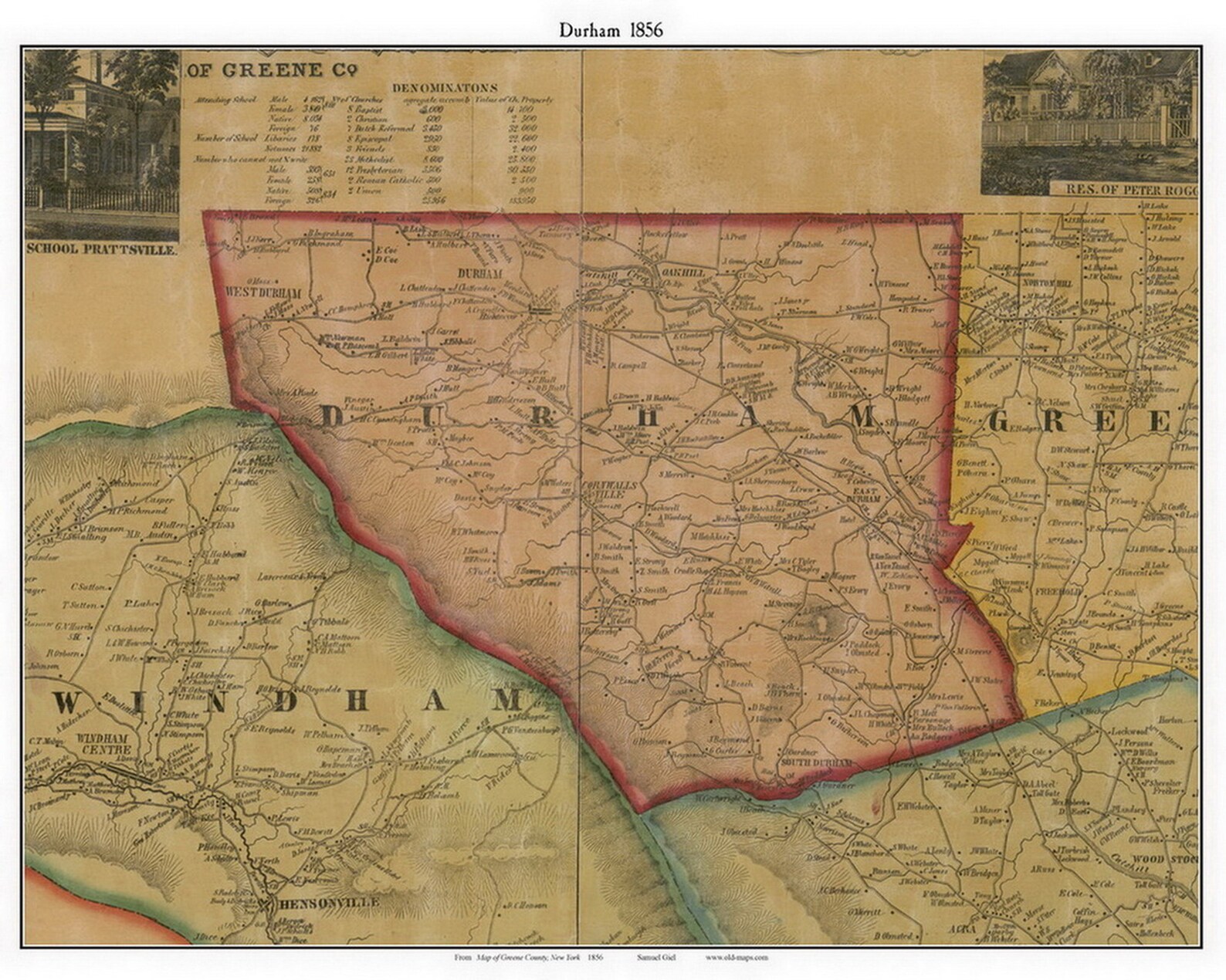 Durham 1856 Old Town Map With Homeowner Names New York Cornwallville