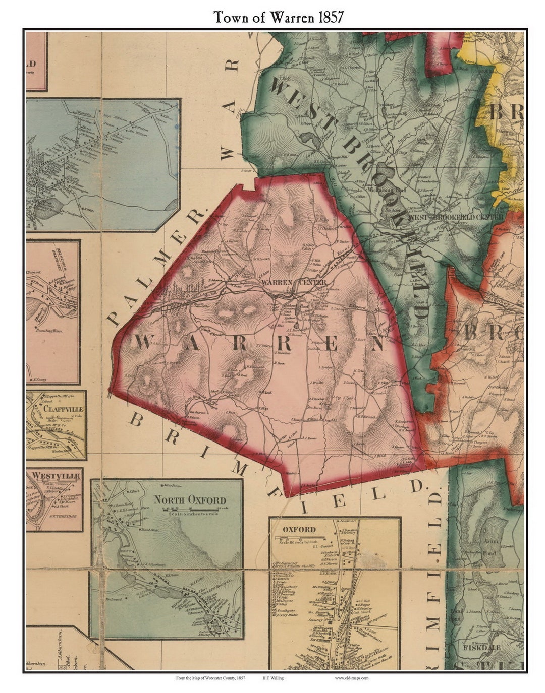 Warren 1857 Old Town Map With Homeowner Names Massachusetts Etsy