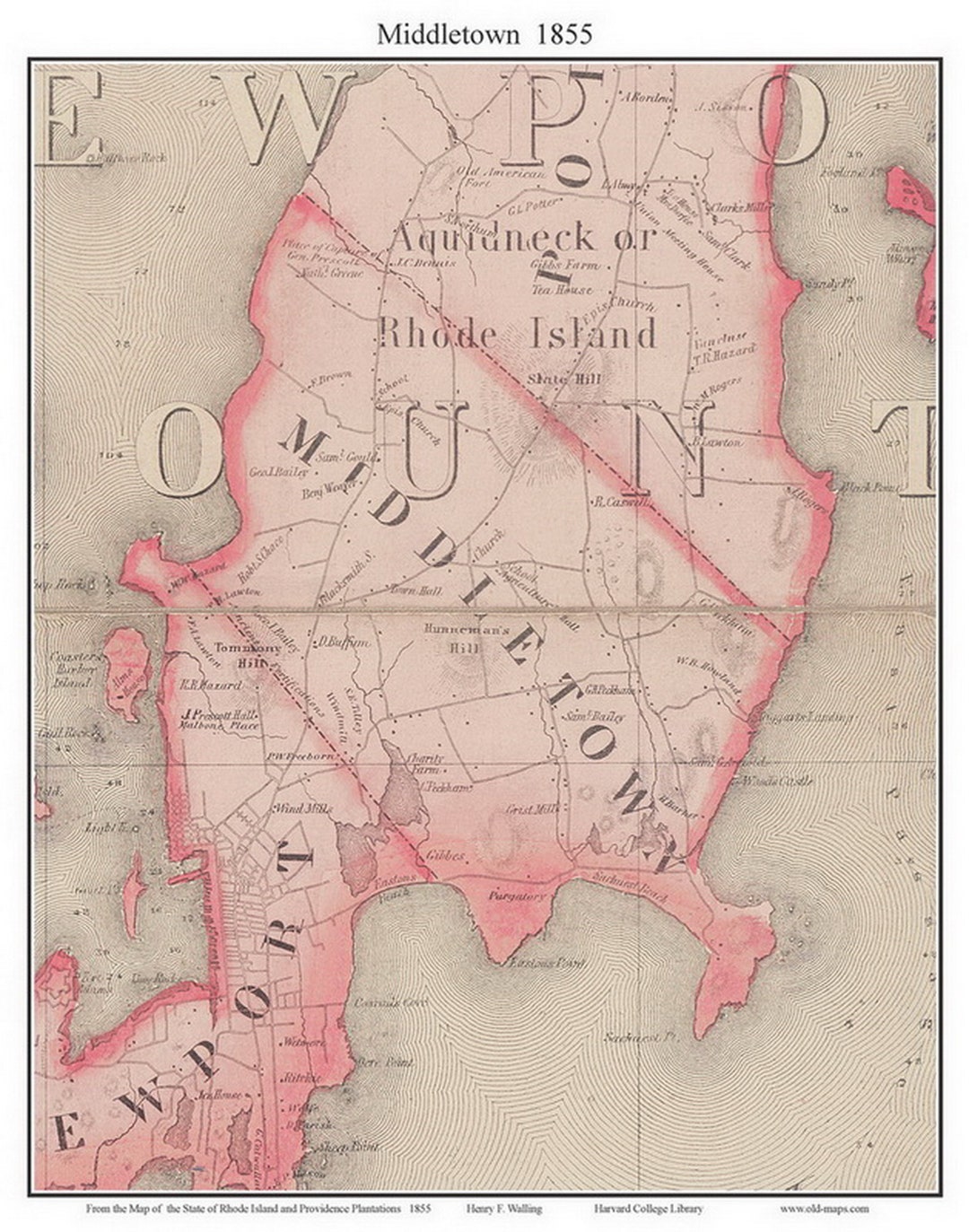 Middletown 1855 Old Town Map With Homeowner Names - Rhode Island ...