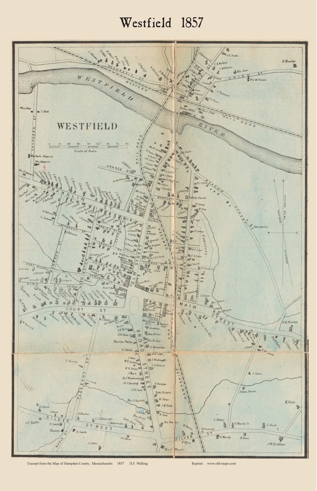 Westfield Village 1857 Old Town Map With Homeowner Names Massachusetts