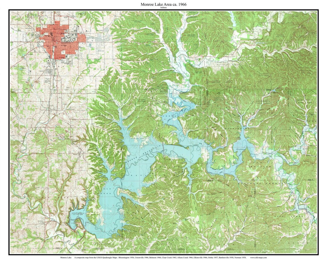 Monroe Lake Area Ca1966 Old Topographic Map USGS Bloomington Custom