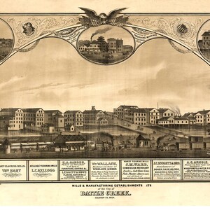 May include: A black and white illustration of a cityscape with multiple buildings and factories. The image is titled "Mills & Manufacturing Establishments of the City of Battle Creek, Calhoun Co., Mich."