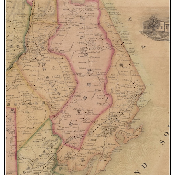 Rye 1851 Old Town Map  - with Homeowner Names New York  Reprint Genealogy Westchester Co TM