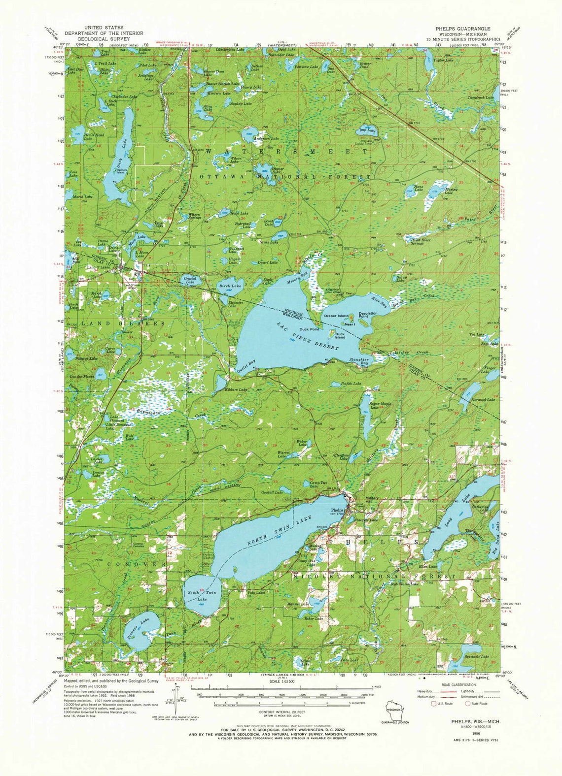 Phelps 1956 1971 Old Topo Map North Twin Lake Lac Vieux Etsy