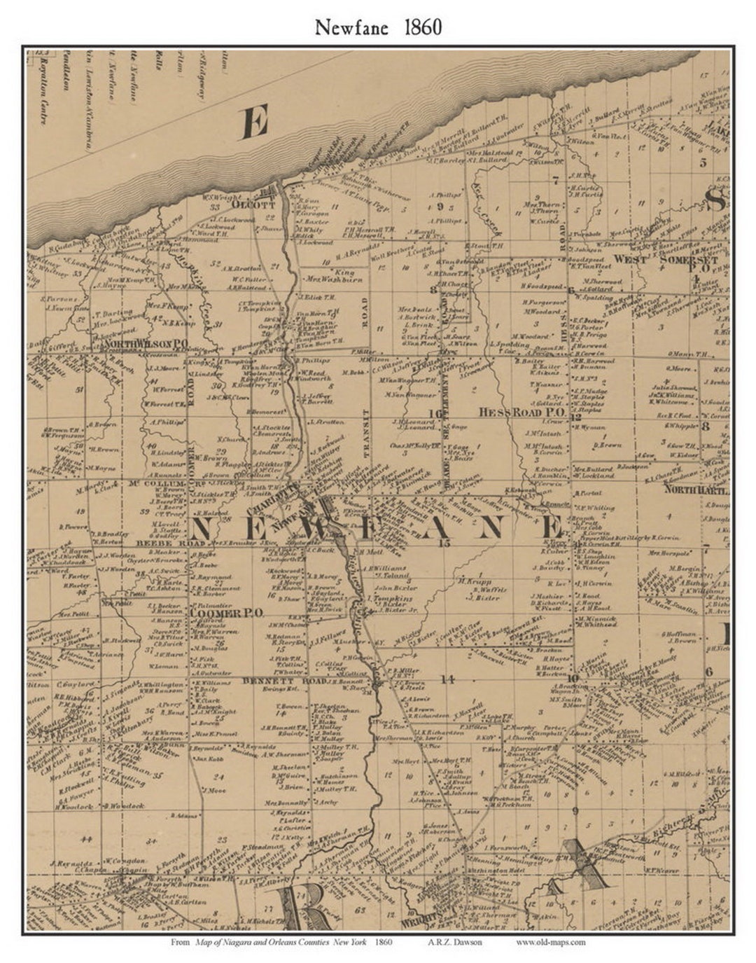 Newfane 1860 Old Town Map With Homeowner Names New York Niagara County Reprint Genealogy Niagara