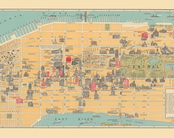 Pictorial Map of New York City - 1928 Reprint 3-D Central Park Speakeasy Locations - Manhattan
