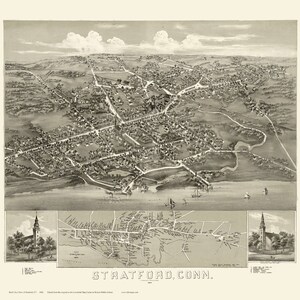 Stratford  Connecticut  1882 Birds Eye View CT Reprint