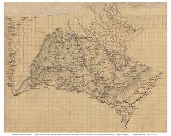 May include: A black and white map of Alleghany County, Virginia, circa 1860. The map shows roads, rivers, and towns. The text "Alleghany County circa 1860" is at the bottom left corner of the map. The text "Map of Alleghany County, north of the Virginia Central Railroad, and a portion of Augusta County along the south fork of the Shenandoah River" is at the bottom center of the map.
