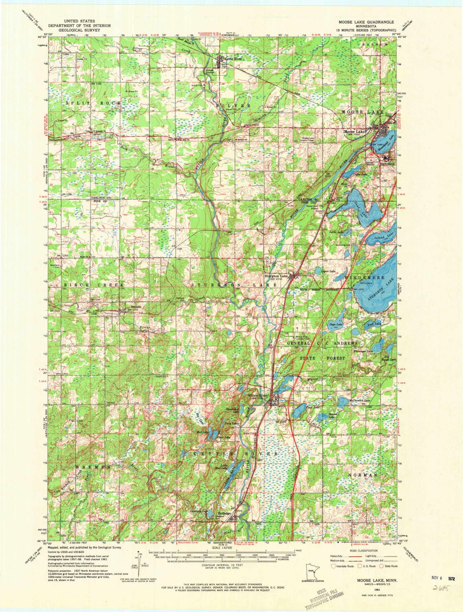 Moose Lake 1961 1972 Old Topo Map Quad Reprint USGS Etsy