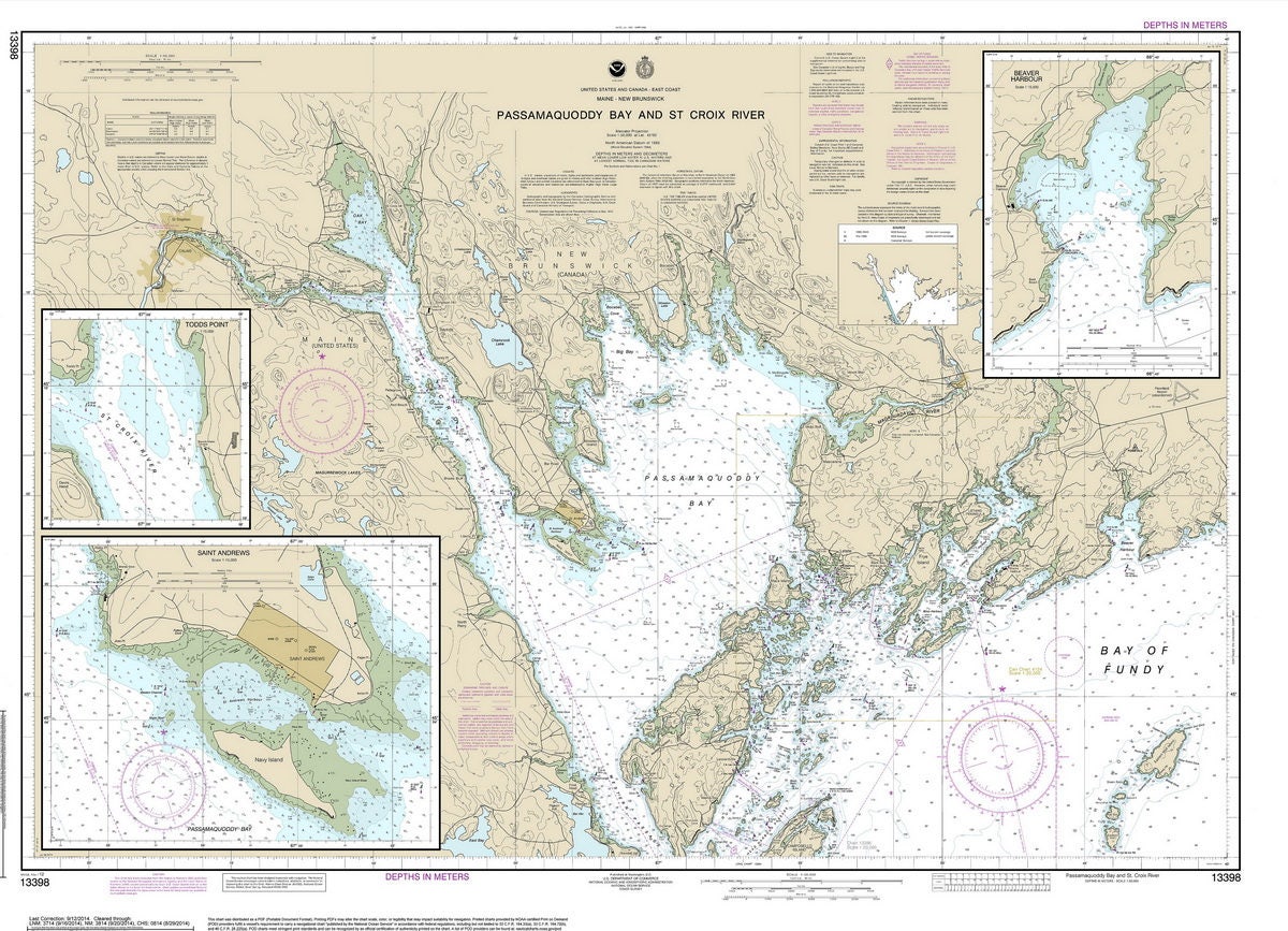 Passamaquoddy Bay St Croix River Beaver Harbor St Andrews Deer Island Maine-Canada-2014 Nautical Map Harbors 5 300 13398 Reprint