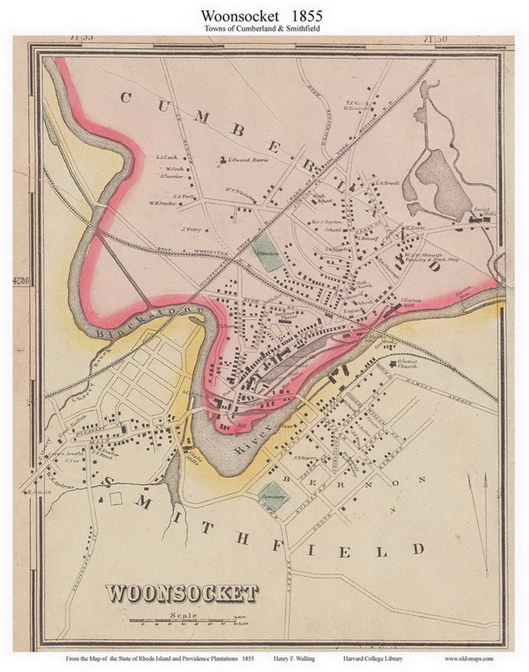 Cumberland Woonsocket 1855 Old Town Map With Homeowner Names Rhode