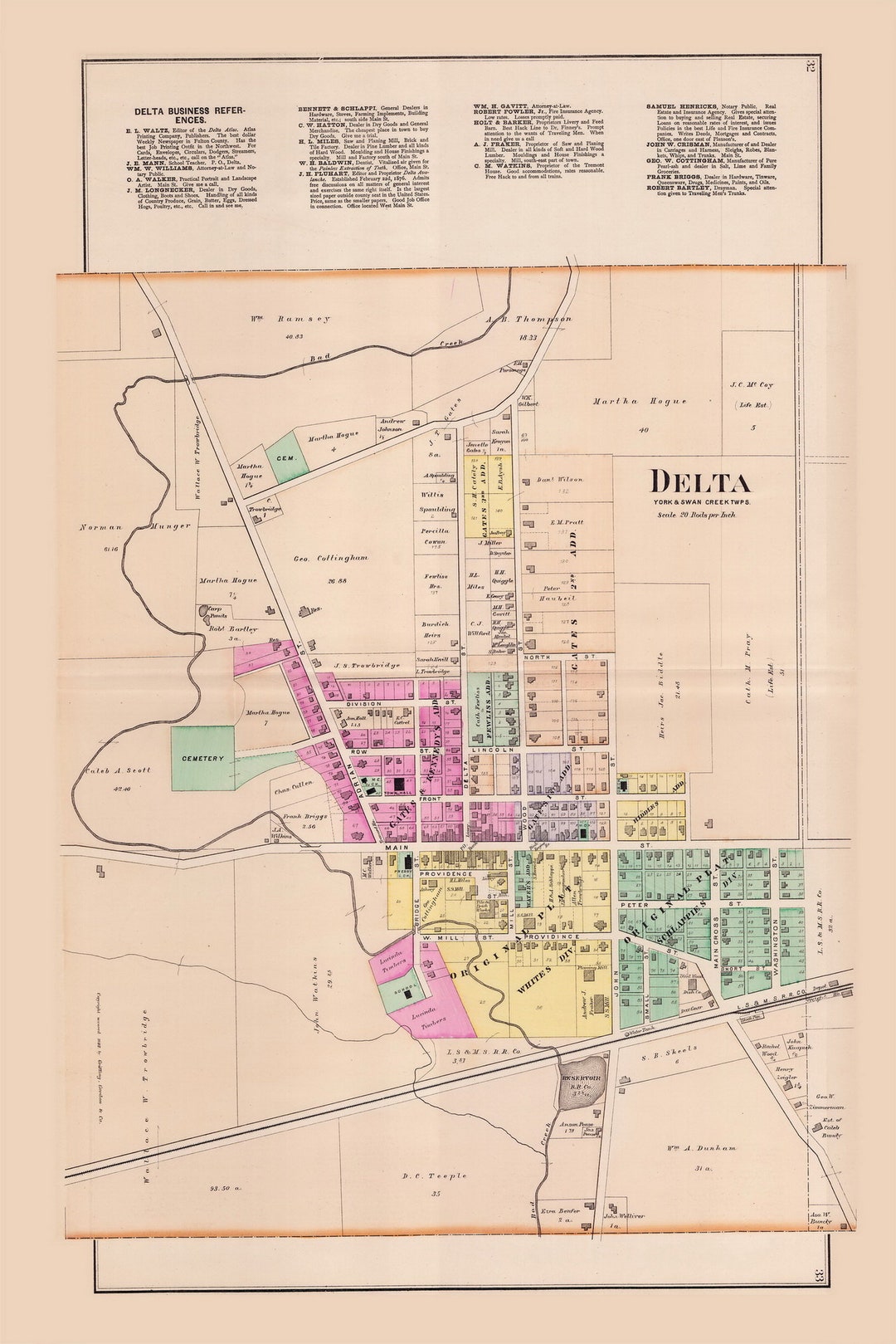 Delta 1888 Old Town Map Reprint Fulton County, Ohio Homeowner Names