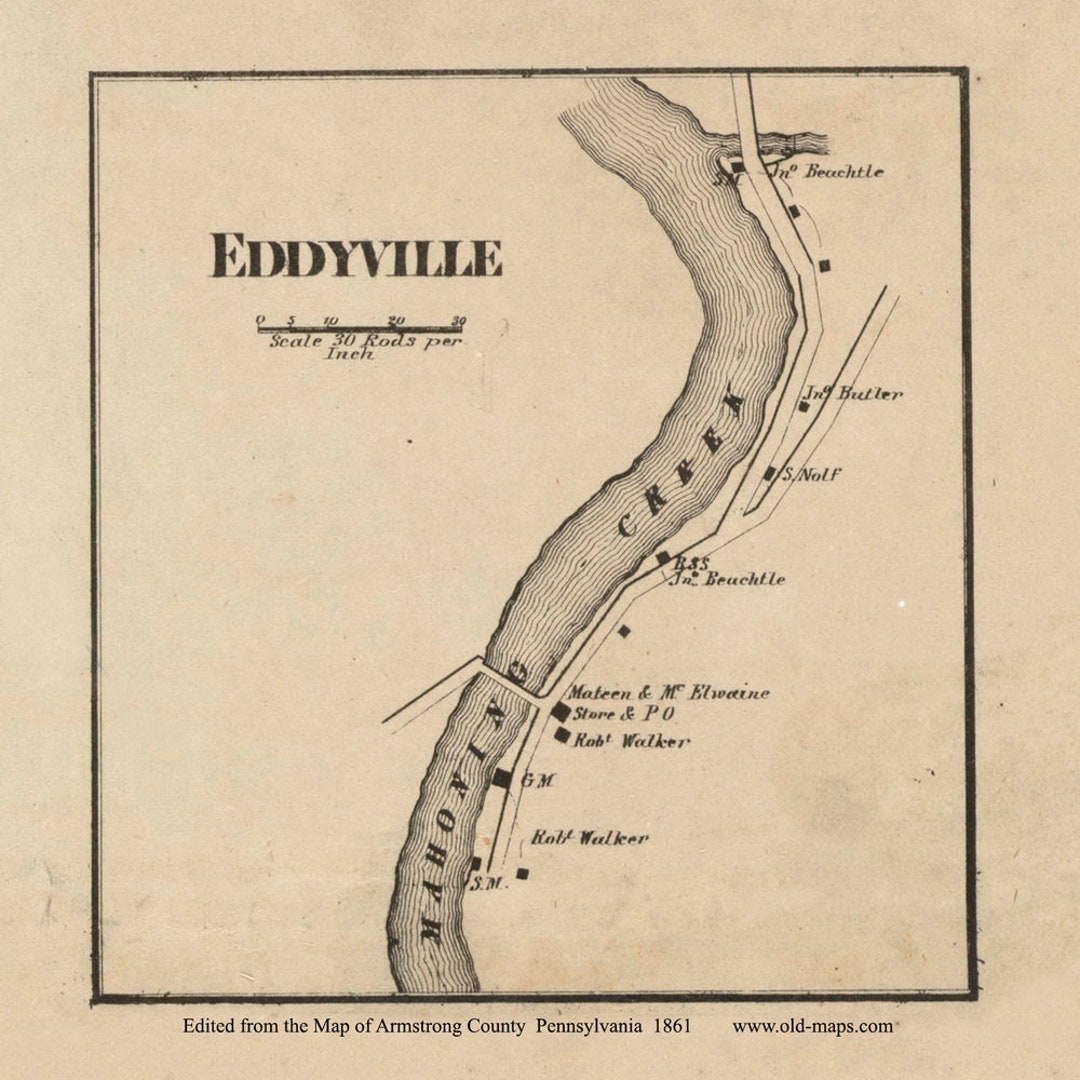 Eddyville 1861 Old Town Map With Homeowner Names Red Etsy