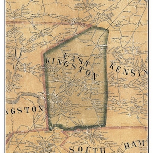 May include: An antique map of East Kingston, New Hampshire, from 1857. The map is hand-drawn and features a detailed layout of roads, rivers, and property boundaries. The map is printed on aged paper with a yellowed hue and includes the text "East Kingston 1857" in the top center.