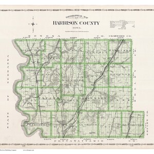 May include: A vintage topographical map of Harrison County, Iowa. The map is printed in black and white with green lines outlining the townships. The map shows the county's roads, rivers, and railroads. The map is titled "Topographical Map of Harrison County, Iowa."