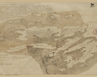 May include: A faded, hand-drawn map of a coastal area with handwritten notes and a red stamp that reads "1804". The map is on a beige background and includes the names of various bays and islands.