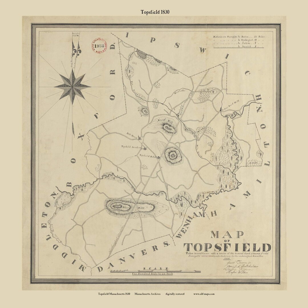 Topsfield 1830 Town Plan Old Roads Reprint RESTORED Massachusetts