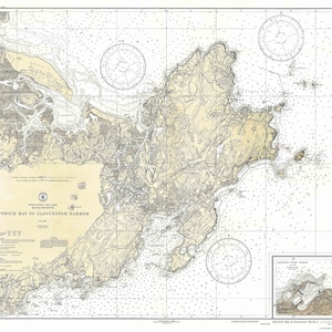 May include: A vintage nautical chart of Ipswich Bay to Gloucester Harbor, Massachusetts. The chart shows the coastline, islands, and waterways of the area. It includes depth soundings, navigational aids, and other important information for mariners.
