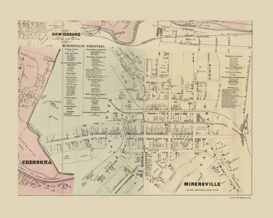 Minersville Borough 1864 Old Town Map With Homeowner Names Pennsylvania