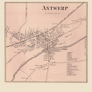 May include: An antique map of Antwerp Village, New York, from 1864. The map shows the layout of the village with streets, buildings, and landmarks. The map is printed on a light pink background with black text and lines.