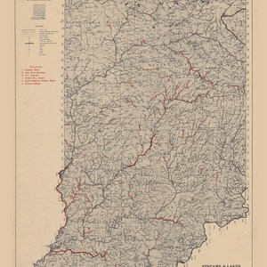 Indiana 1933 Old State Map Streams & Lakes Reprint