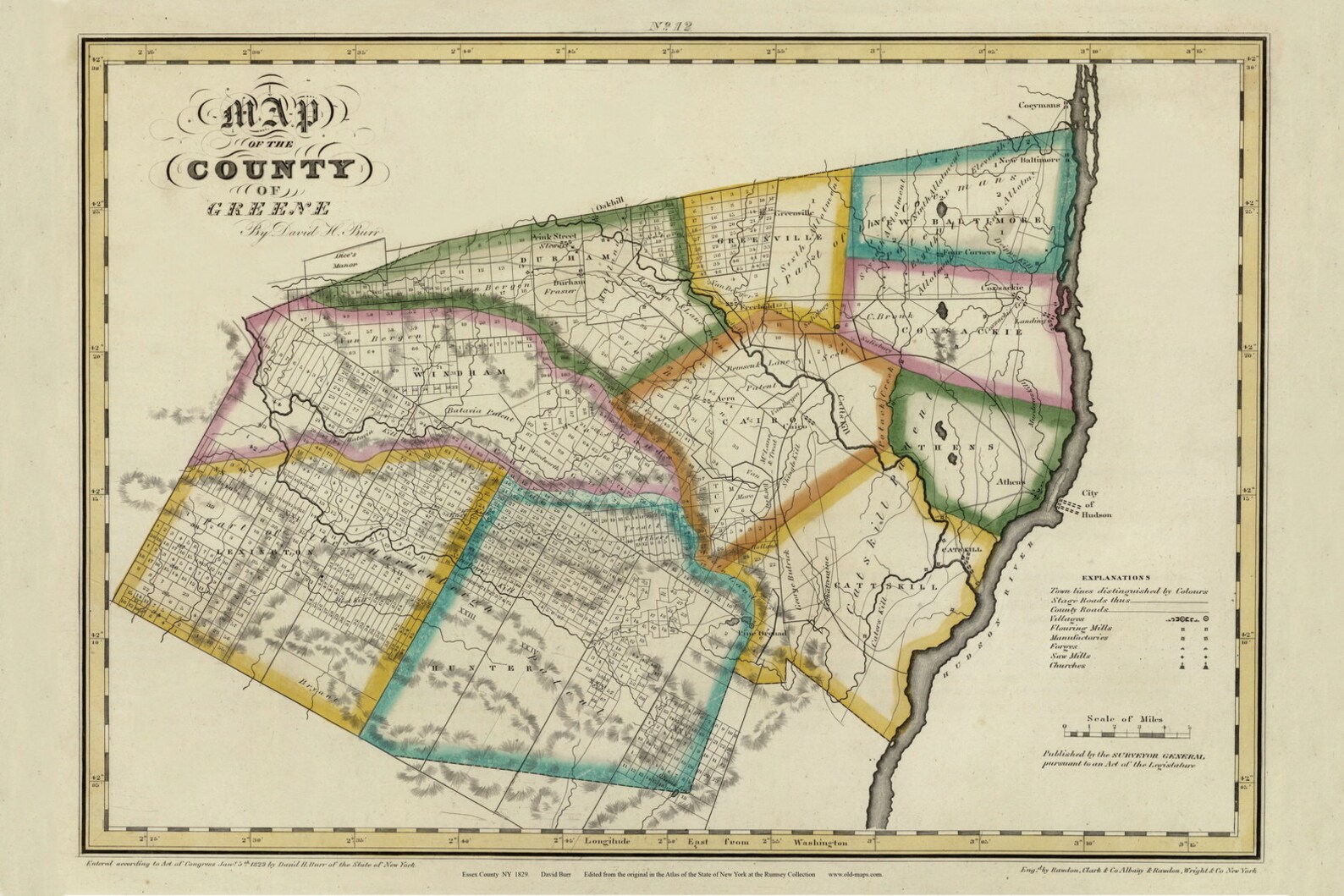 Greene County 1829 Lot Lines Hudson River Old Map Reprint Burr Etsy